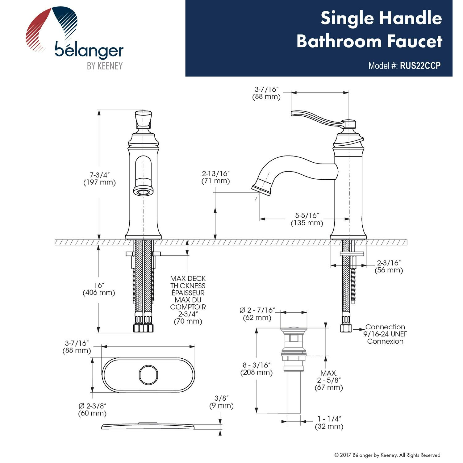 Belanger RUS22CCP Single Handle Bathroom Faucet with Drain， Polished Chrome