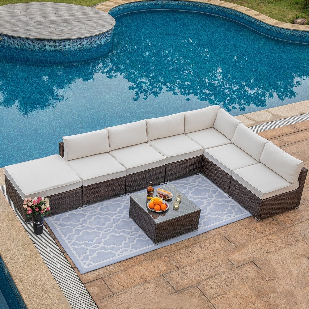 COSIEST 8 Piece Outdoor Patio Wicker Sectional Sofa Set w Coffee Table