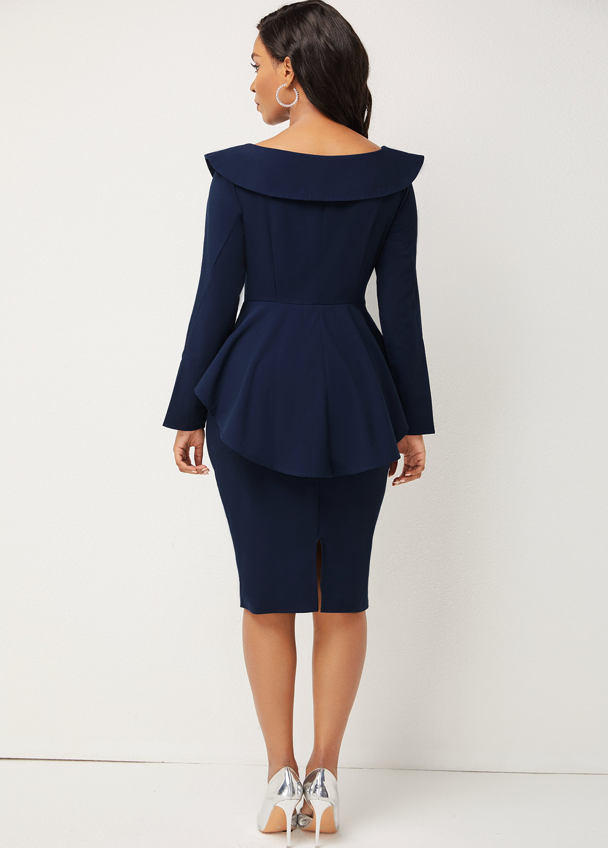 Long Sleeve Turndown Collar Peplum Waist Dress