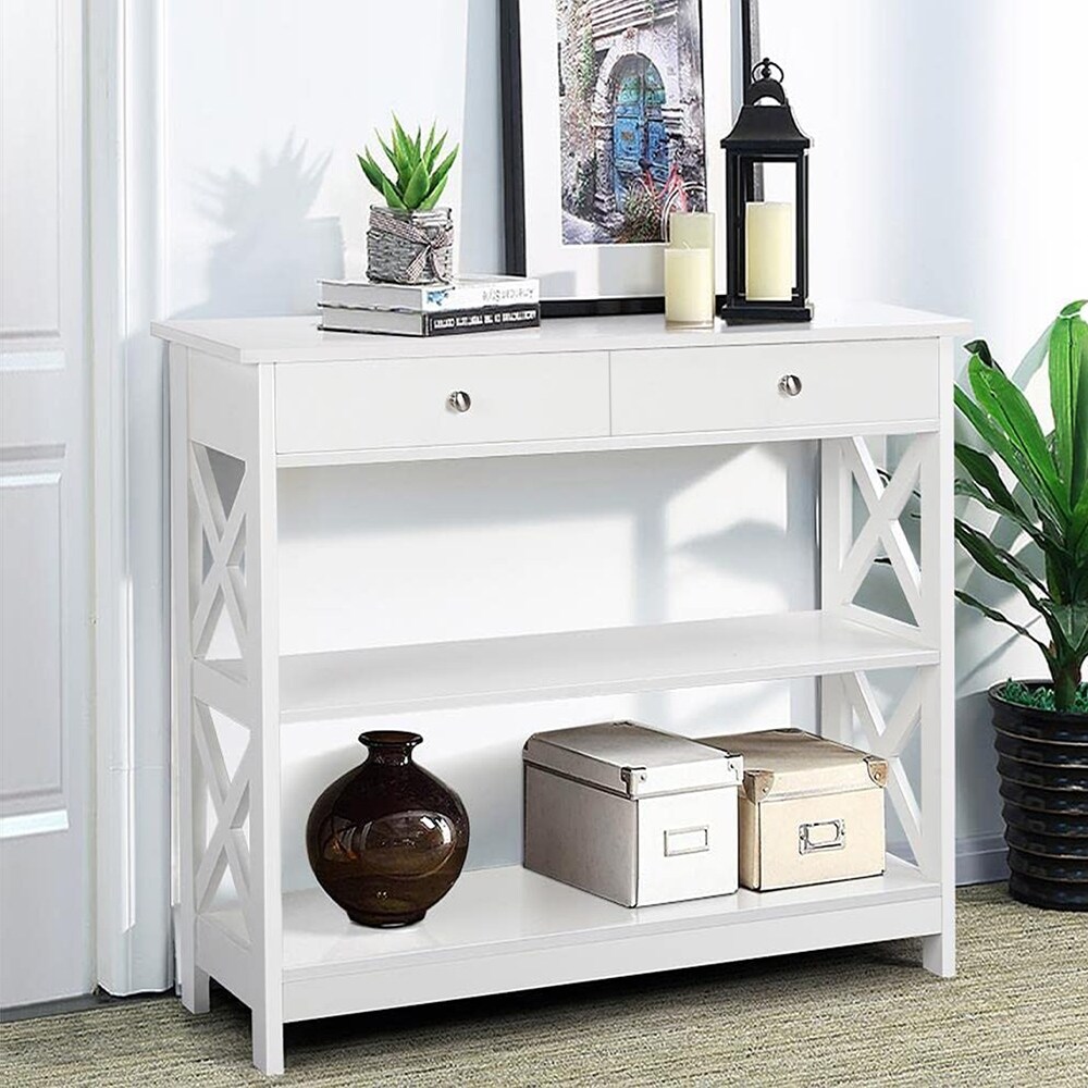 Console Table with Drawer 3 Tier Entryway Table with Storage Shelves  Wood Narrow Sofa Table