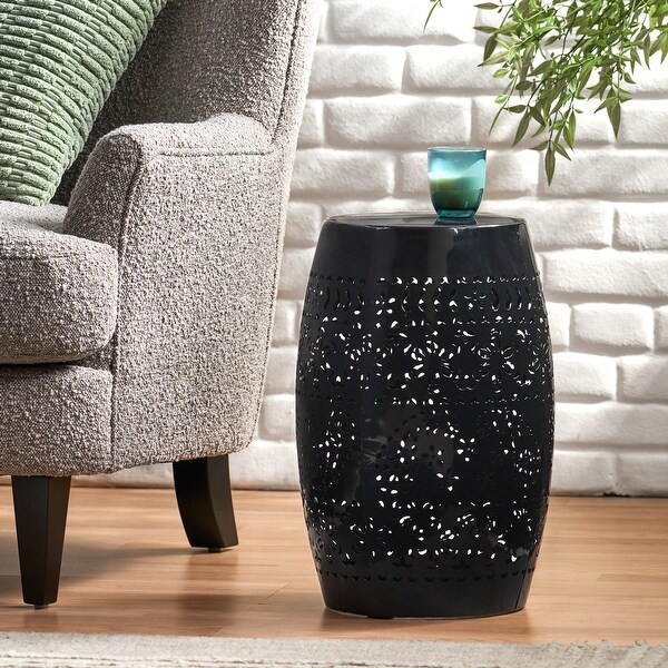 Black Outdoor Side Table with Clean，Precise Lines Finished Barrel Structure Lacecut Design 12.25