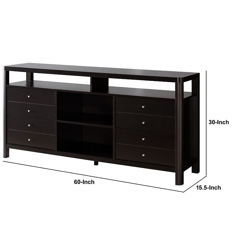 60 Inches 8 Drawer TV Stand with Open Compartments， Brown