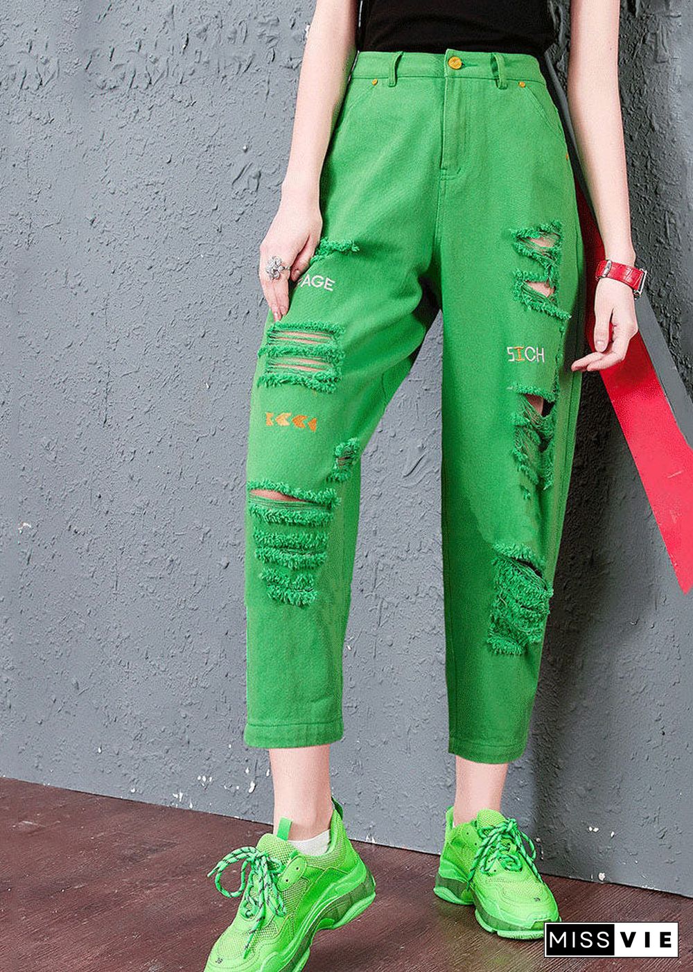 French Green Letter Embroideried Pockets Cotton Harem Pants Summer