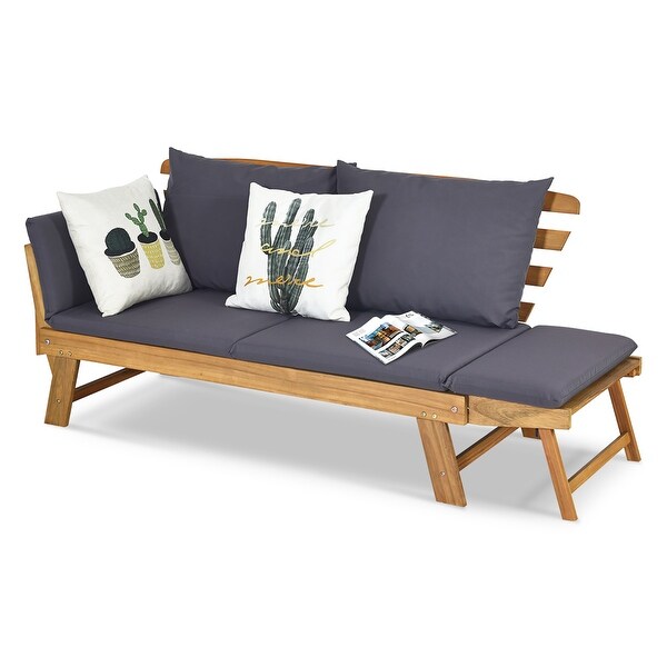 Gymax Adjustable Patio Sofa Daybed Acacia Wood Furniture w/ Cushion