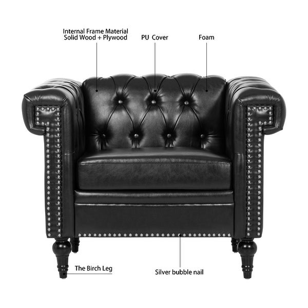 Livingroom Accent Chair， 1 Seater PU Cover Sofa Armchairs Rolled Arms Chairs Lounge Chairs with Nailheads， for Bedroom， Black