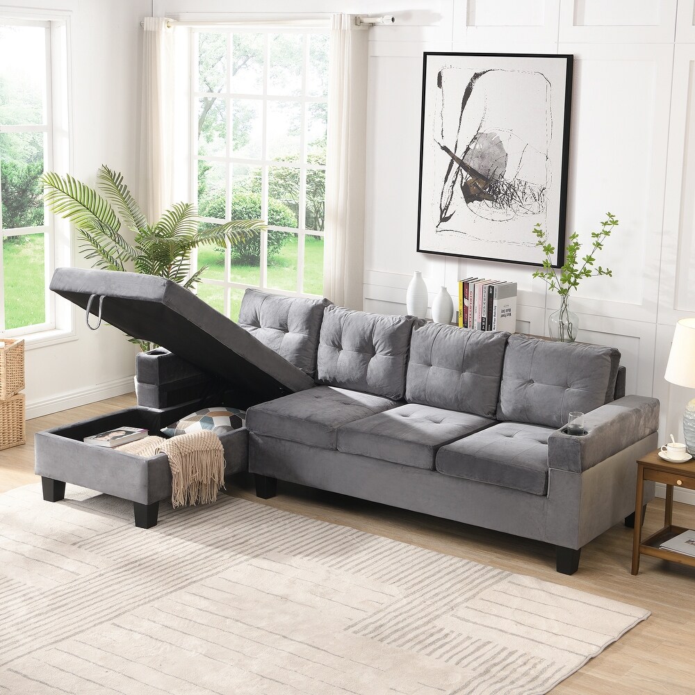 L shape 4 Seat Sectional Sofa Set Grey Velvet Couch Set for Living Room Sofa with Cup Holder and Left Hand Storage Chaise Couch