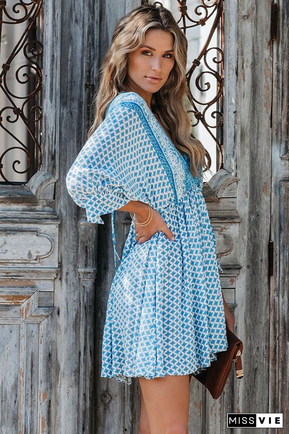 Sky Blue V Neck 3/4 Sleeve Bohemian Vintage Print Mini Dress