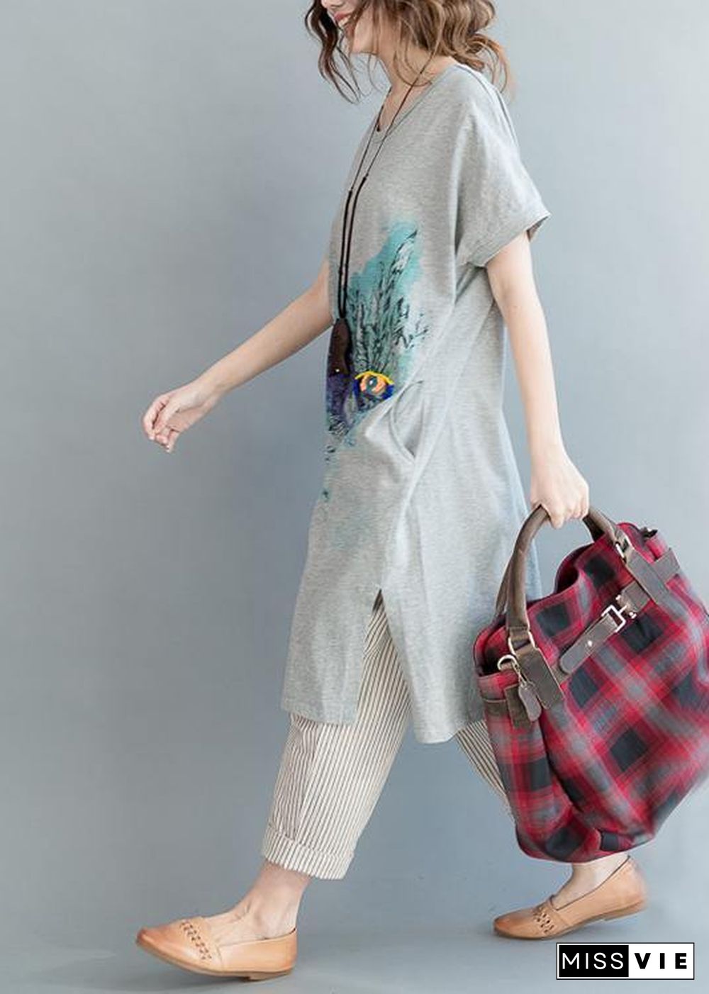 Organic Grey Print Cotton side open Summer Vacation Dresses