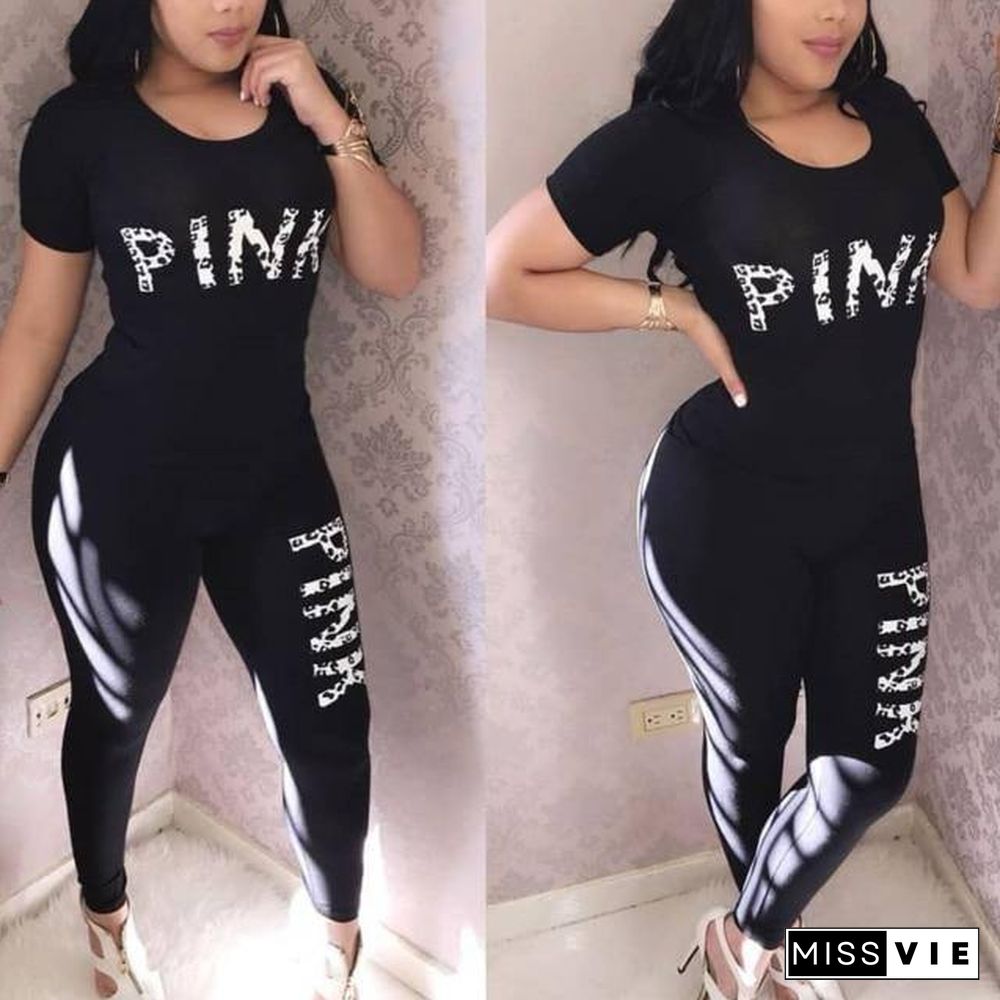 Casual 2 Piece Sets Women's Suit Tracksuits Set Pink Letter Print Plus Size Sweatsuit 3XL Top And Skinny Pants 2pcs Outfits