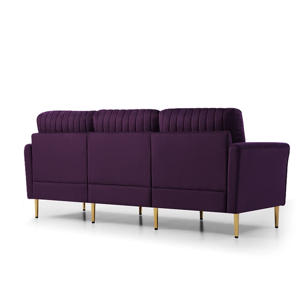 Purple Luxurious Channel Tufted Velvet 3 Seat Sofa  3 Pillows