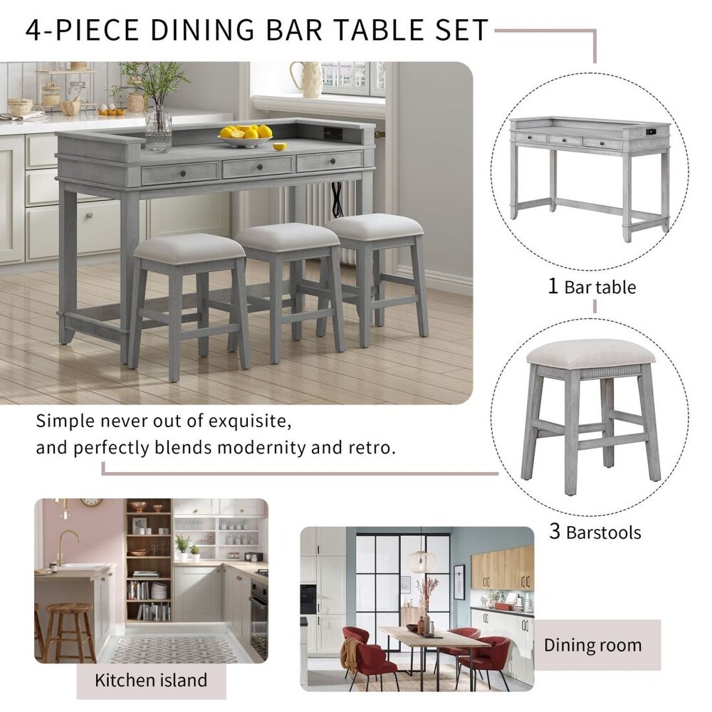 4 piece Dining Bar Table Set with 3 Drawers and 3 Upholstered Stools