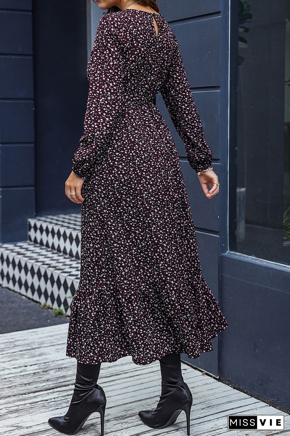 Round Neck Puffy Sleeves Waistband Floral Maxi Dress