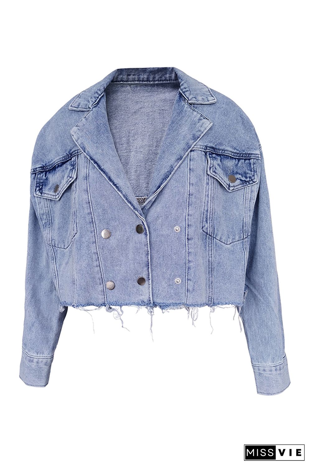 Blue Lapel Collar Raw Hem Button Open Denim Jackets