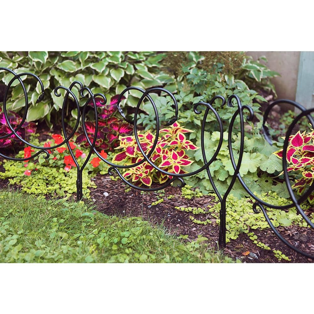 ACHLA DESIGNS 22 in. Tall Black Powder Coated Iron Scroll Border Garden Fence Section (4-Pack) DFS-02-4