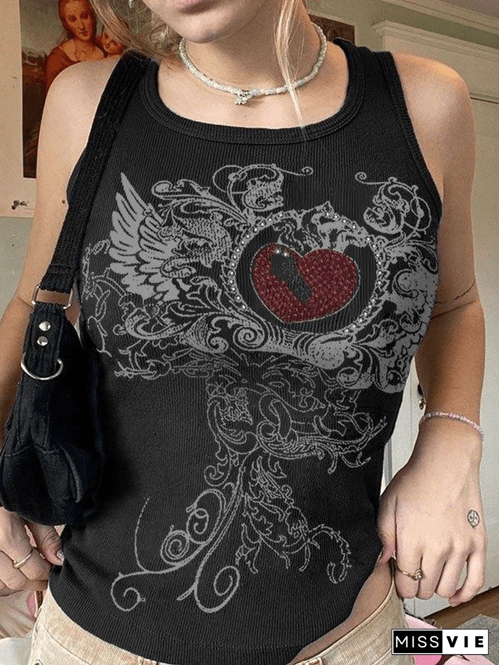 Heart Rhinestone Rib Crop Tank Top