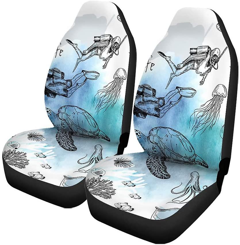 Set Of 2 Car Seat Covers Underwater World Diving Returnee Jellyfish Universal Auto Front Seats Protector Fits For Car，suv Sedan，truck