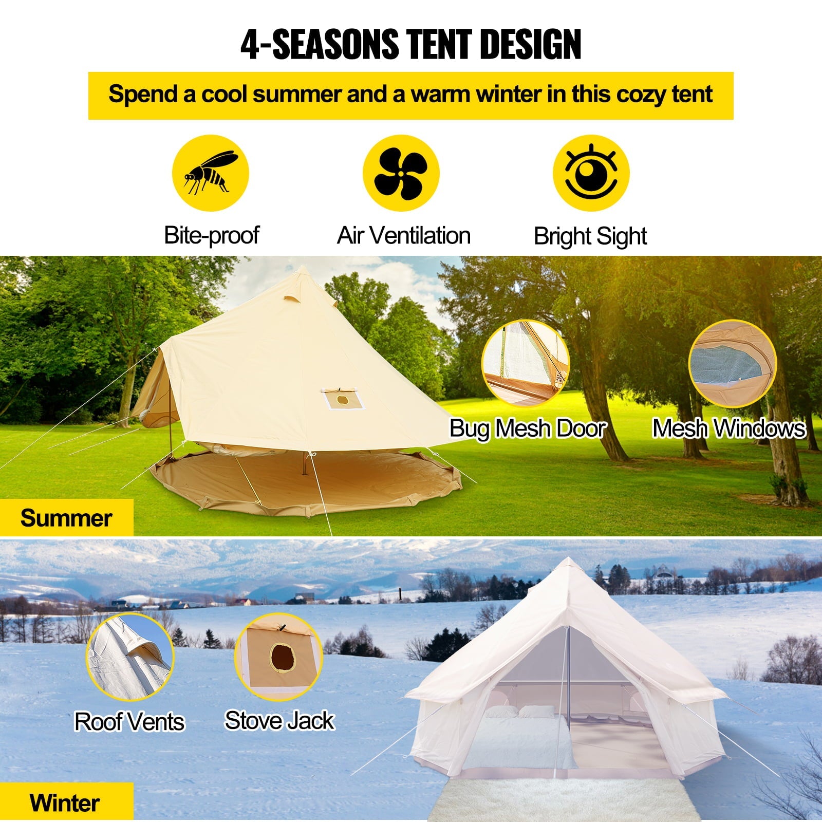 VEVORbrand Canvas Bell Tent 16.4ft Cotton Canvas Tent with Wall Stove Jacket Glamping Tent Waterproof Bell Tent for Family Camping Outdoor Hunting in 4 Seasons