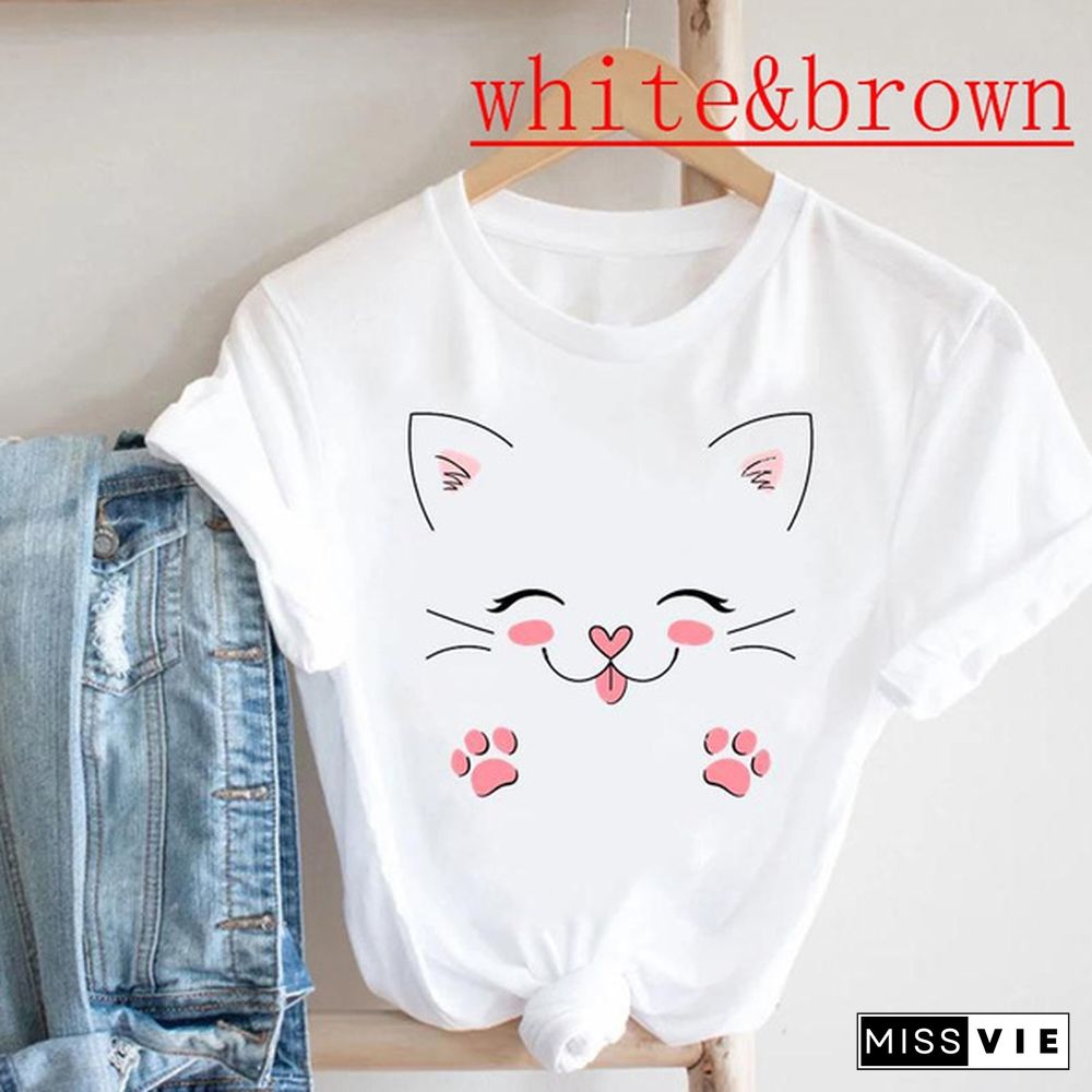 cat flower plant spring new clothing tee top tshirt fashion clothes women short sleeve summer print lady female T casual cartoon graphic t-shirt