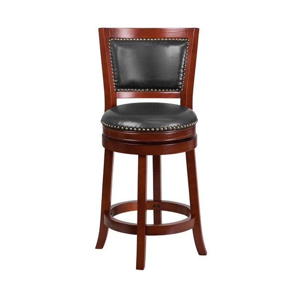 Offex 26'' High Dark Cherry Wood Counter Height Stool with Open Panel Back and Walnut LeatherSoft Swivel Seat - N/A