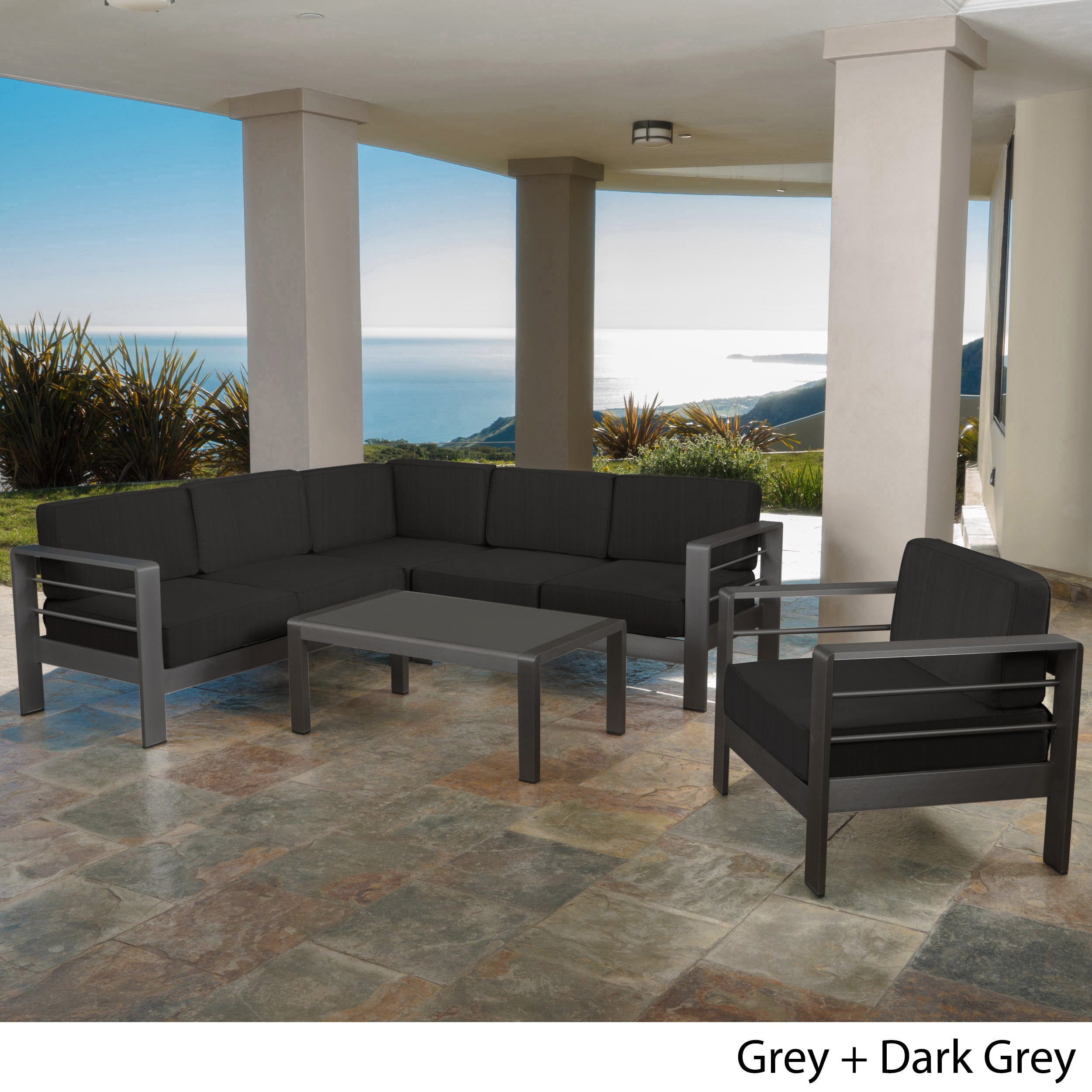 Coral Bay Outdoor Gray Aluminum 5 Piece Sectional Sofa Set with Club Chair