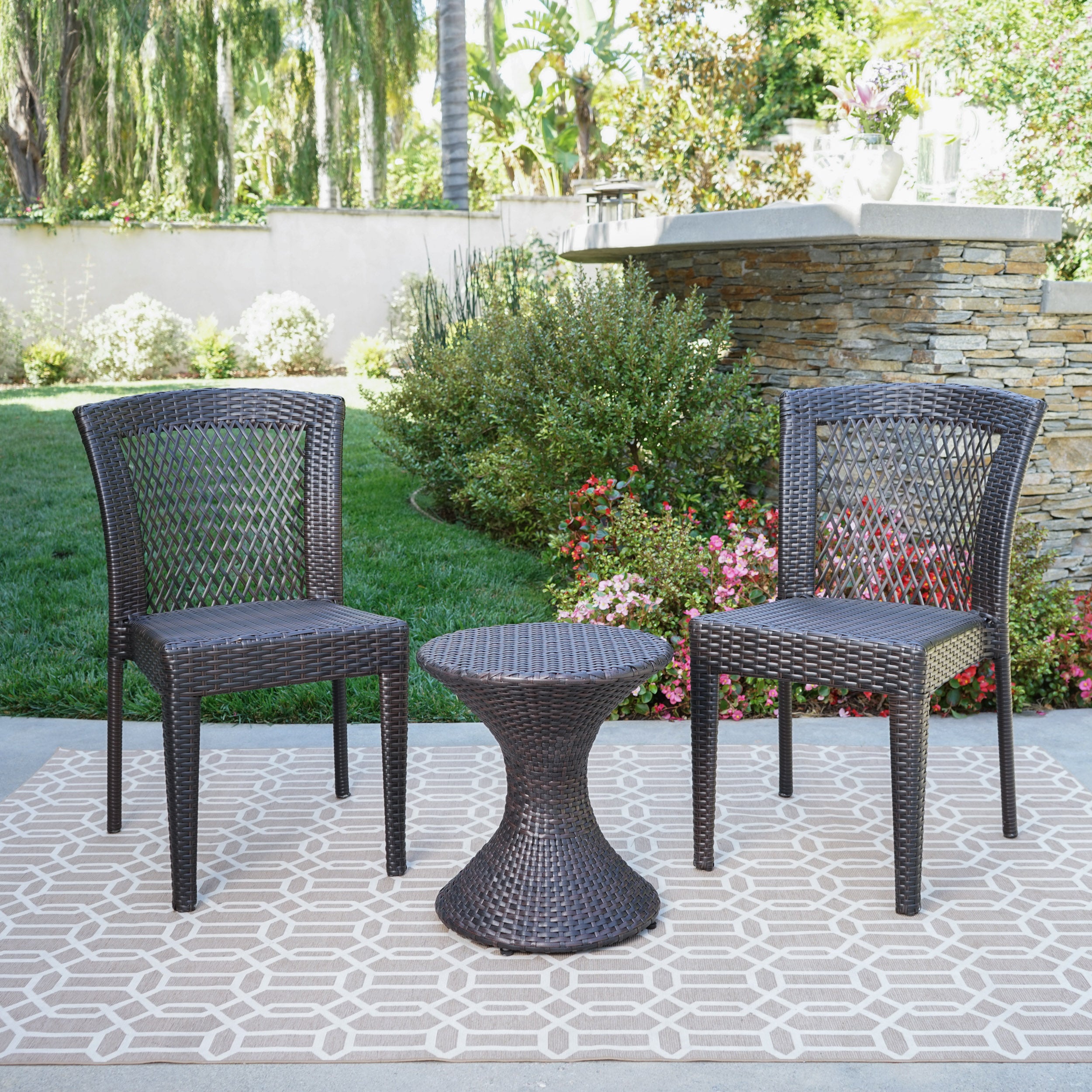 Rigby Outdoor 3 Piece Multi-Brown Wicker Chat Set with Stacking Chairs