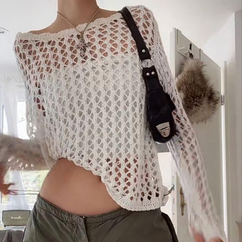 White M Hollow Large Mesh Loose Round Neck Woolen Fabric Cover Up Spicy Girl Personalized Breathable Short Outerwear Casual Top