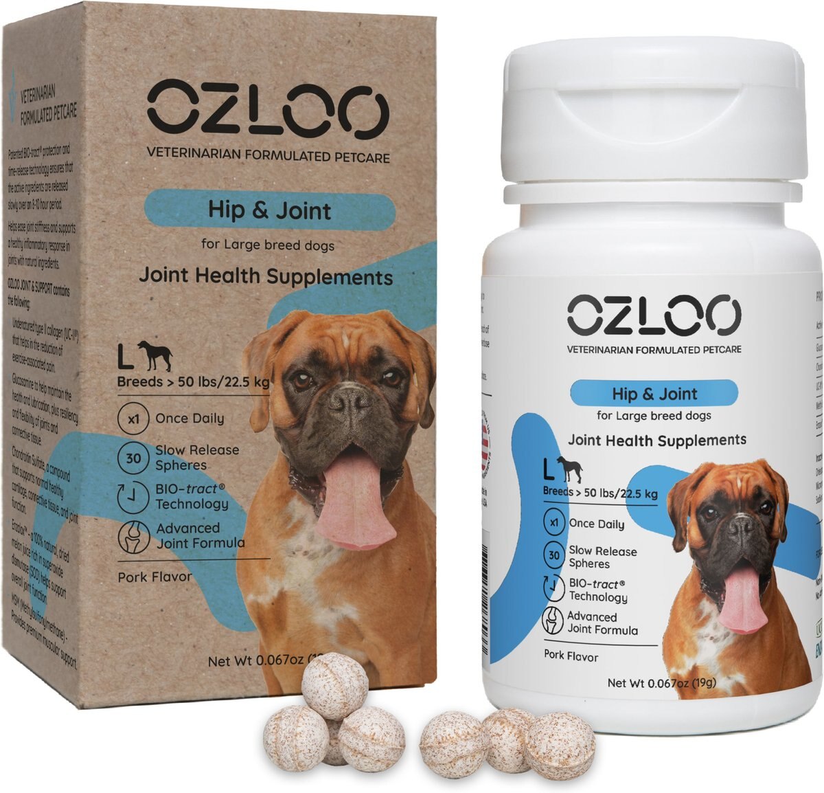 OZLOO Hip and Joint Pork Flavored Chewable Tablet Supplement for Large Adult Dogs， 30 count