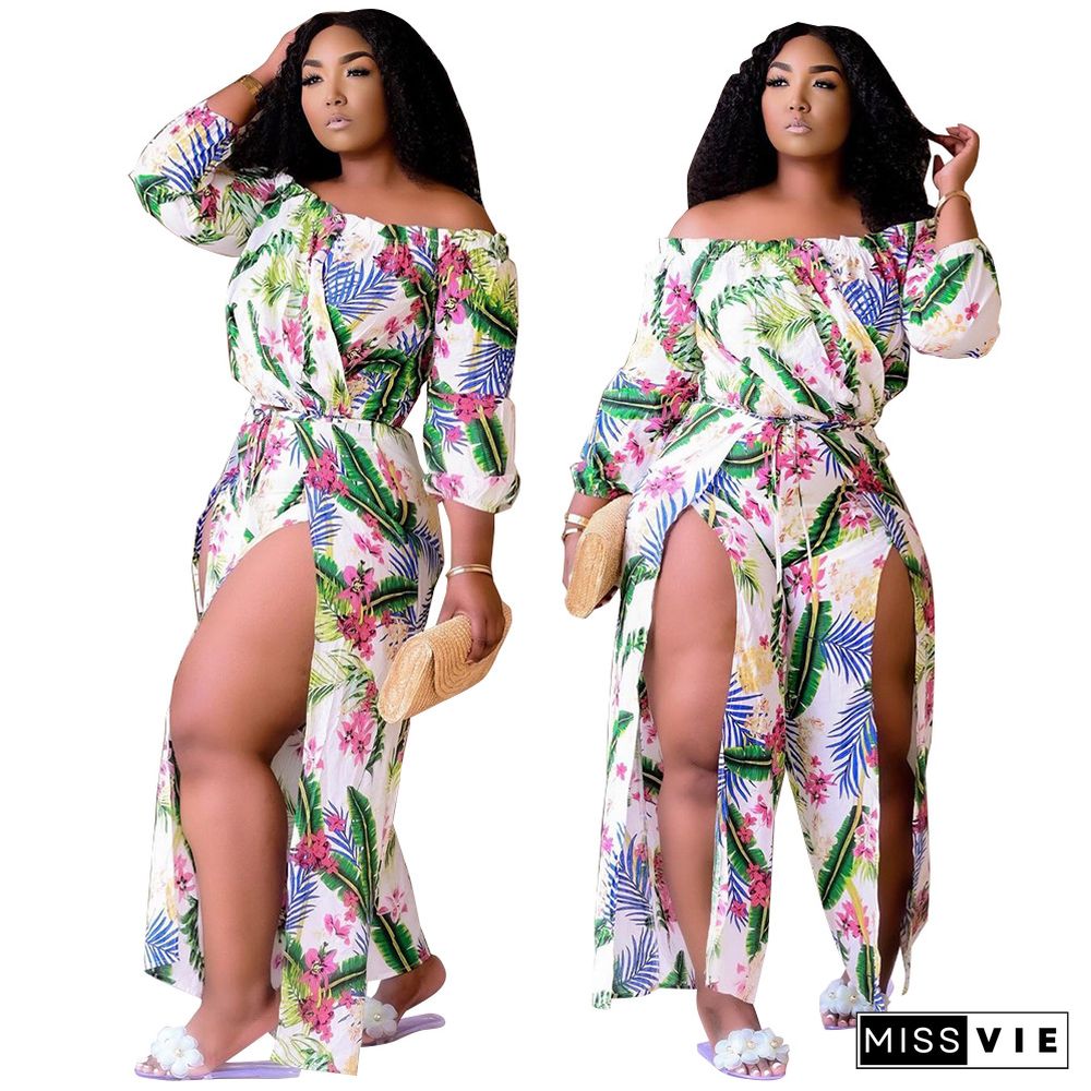 Summer Sexy Split Boho Beach Off Shoulder Long Sleeve Vintage Floral Printed Women Jumpsuit