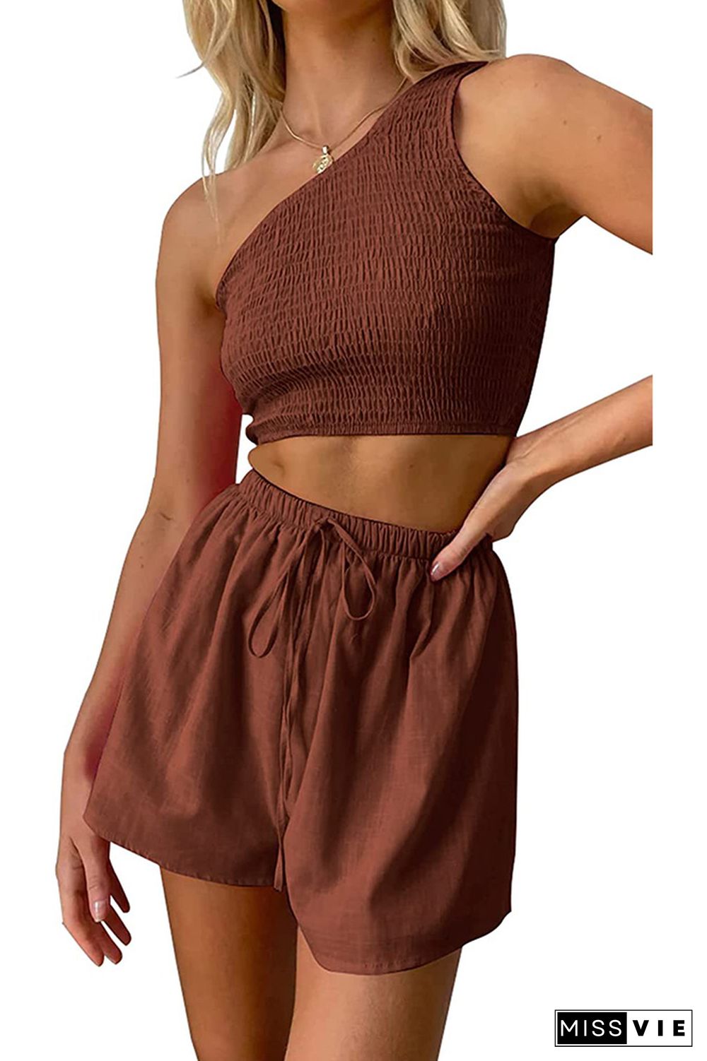 One Shoulder Smocked Crop Top with Elastic Waist Shorts 2pcs Set