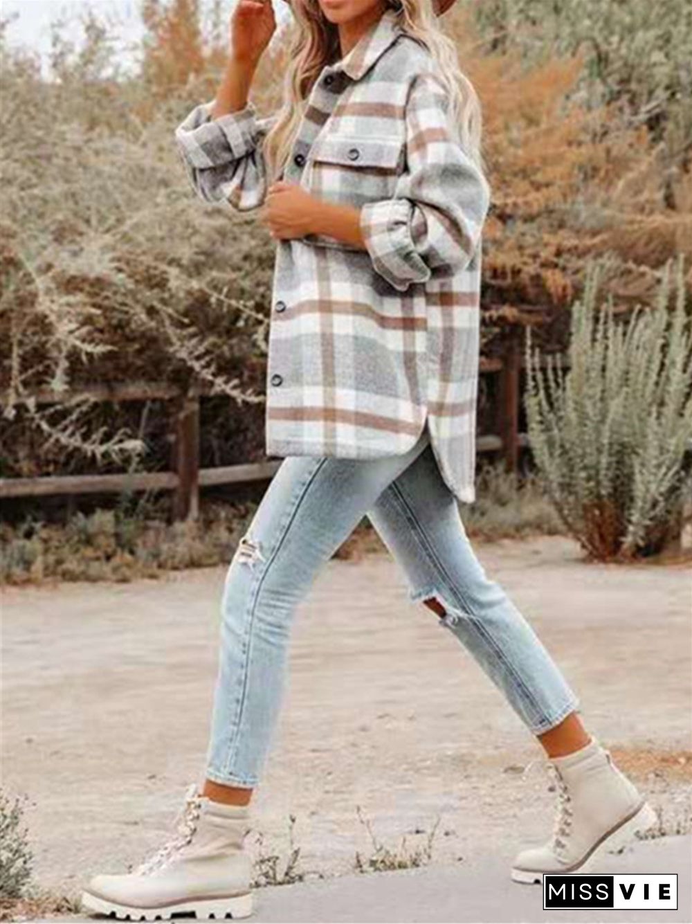 Long Sleeve Lapel Loose Plaid Wool Coat