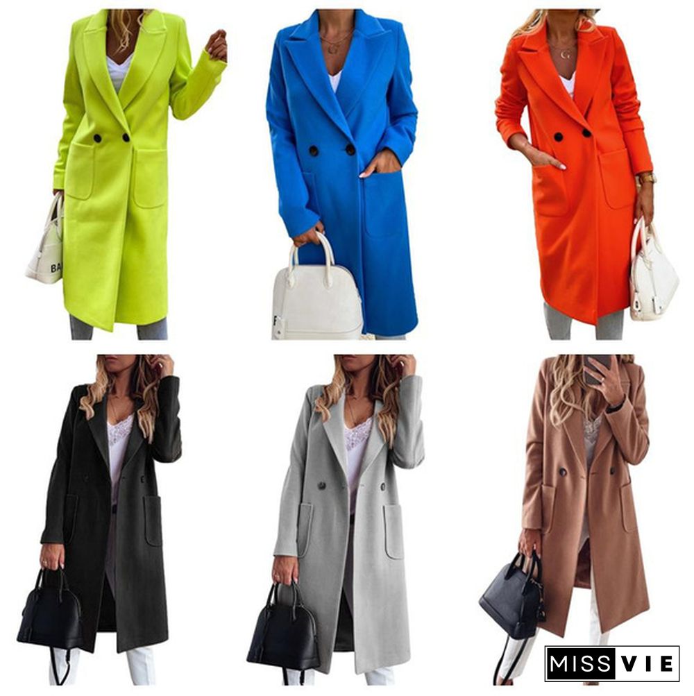 Fashion Women Autumn Winter Turn-Down Collar Pockets Buttons Long Coats Solid Casual Lapel Parka Ladies Jacket Button Coat