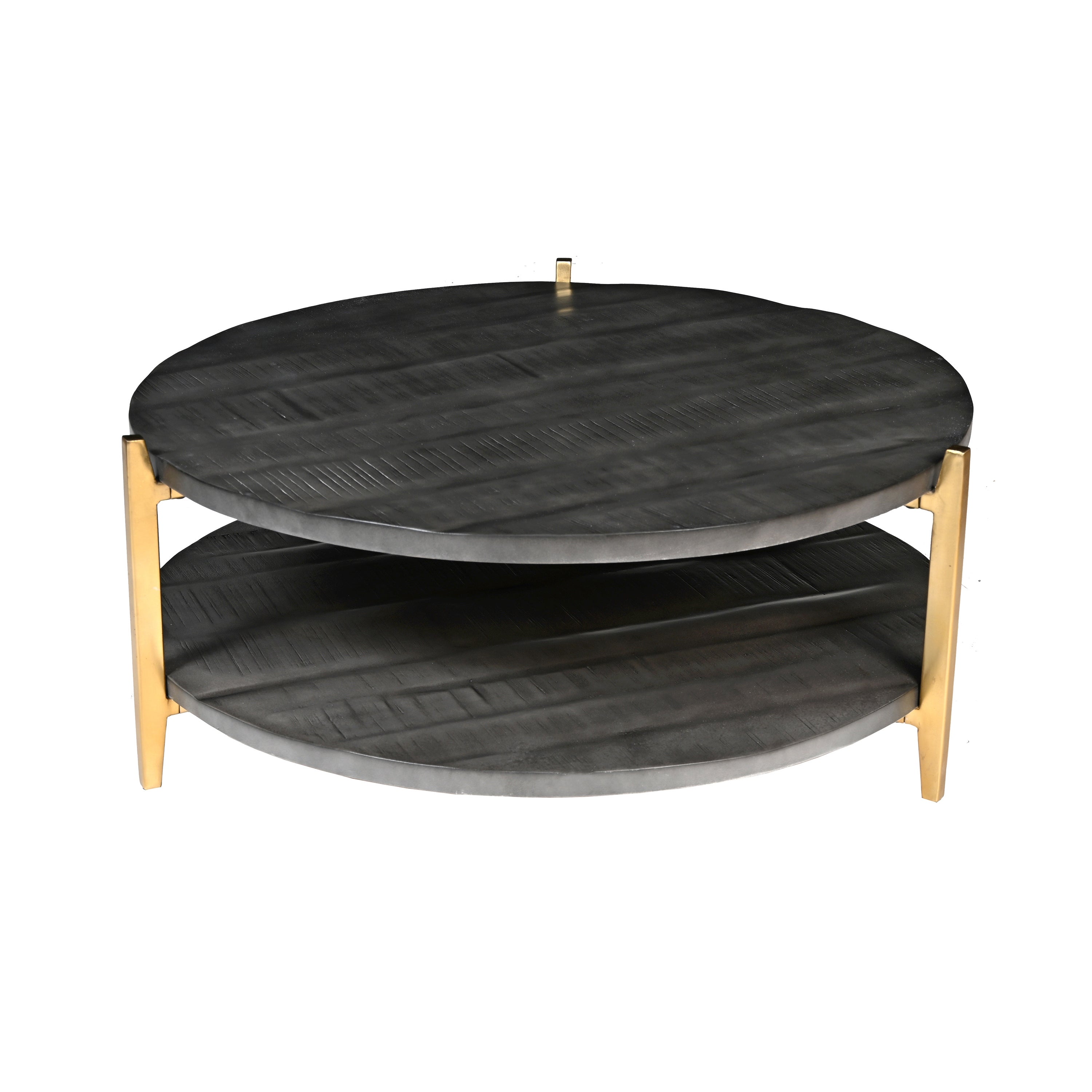 Tali 37 Inch Handcrafted Round Coffee Table， 2 Tier， Charcoal Gray Acacia Wood， Sleek Gold Metal Legs