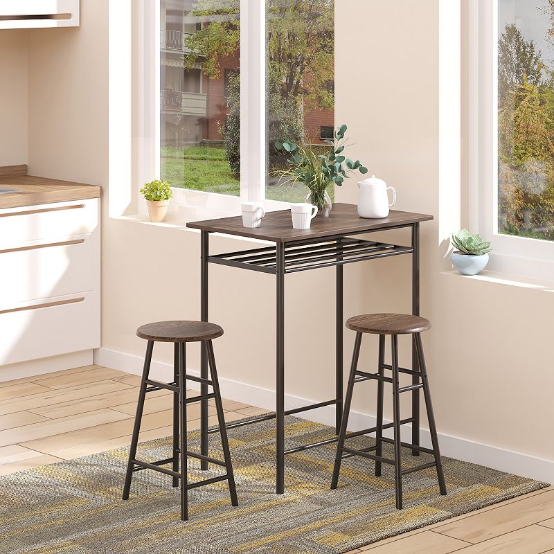 HOMCOM Bar Table Set 3 Piece Counter Height Table Chair Set with 1 Table 2 Matching Stools Storage Shelf and Metal Frame Footrest Black