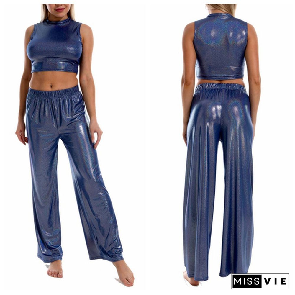 Two-Piece Outfit Women's Sleeveless Crop Top With Loose High Waist Wide Leg Pants Summer Casual Wear