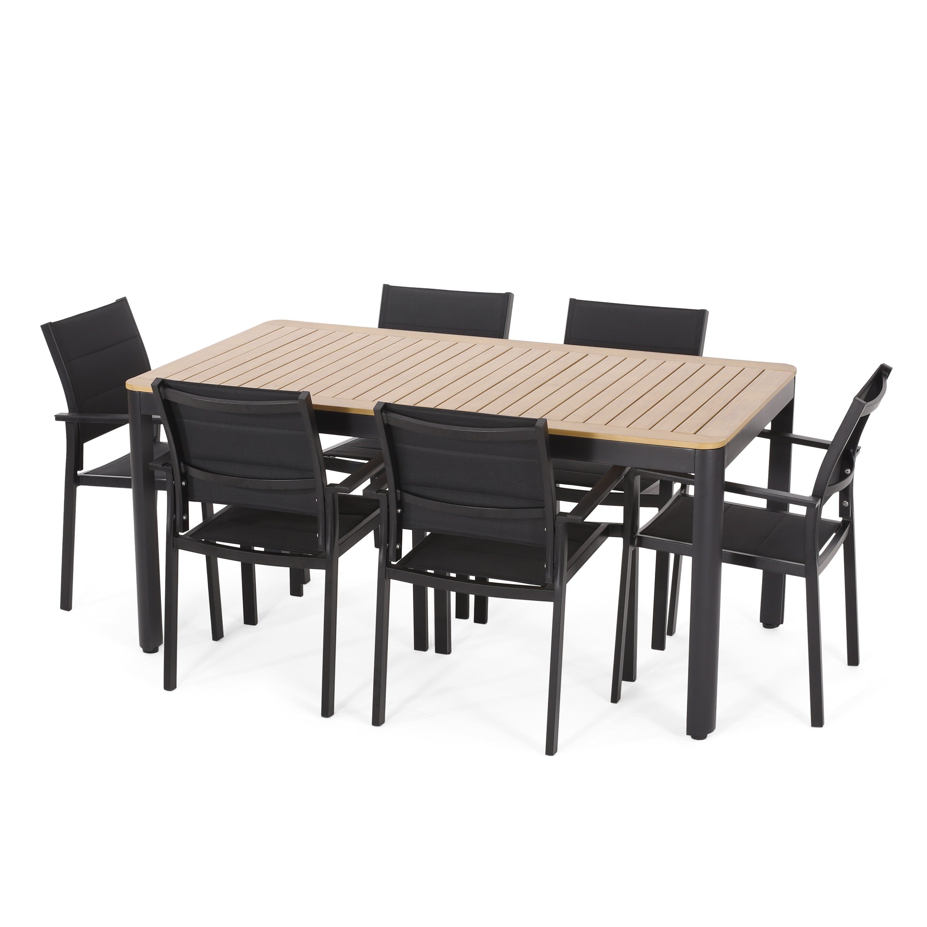 Starla Outdoor Mesh and Aluminum 7 Piece Dining Set, Black and Natural