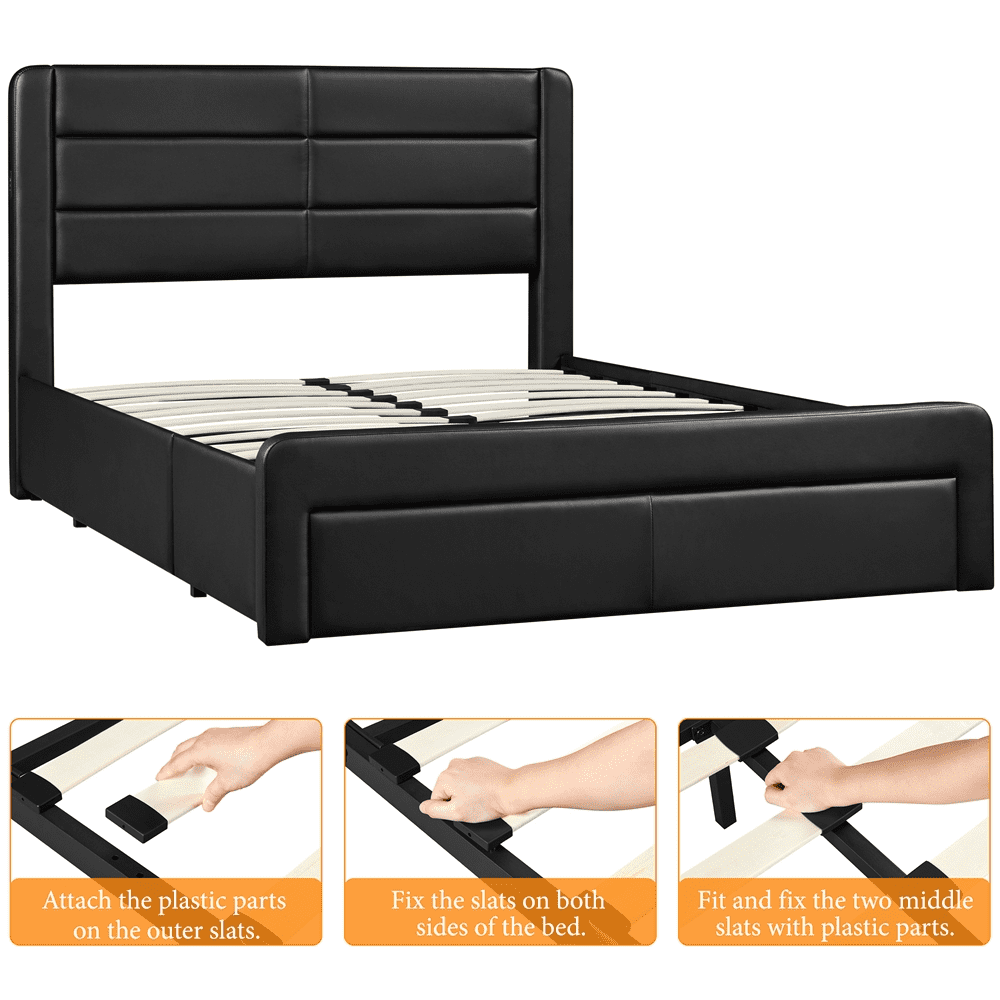 Topeakmart Queen Upholstered Leather Bed Frame with 3 Storage Drawers and Built-In USB Ports, Black