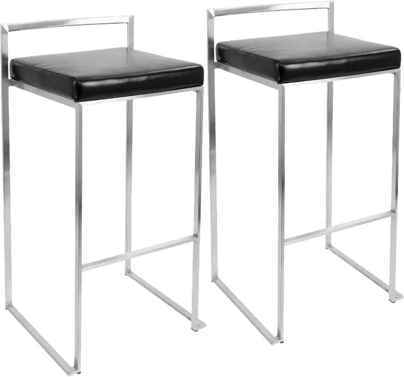 Fuji Low Back Stainless and Black Faux Leather Barstools， Set of 2