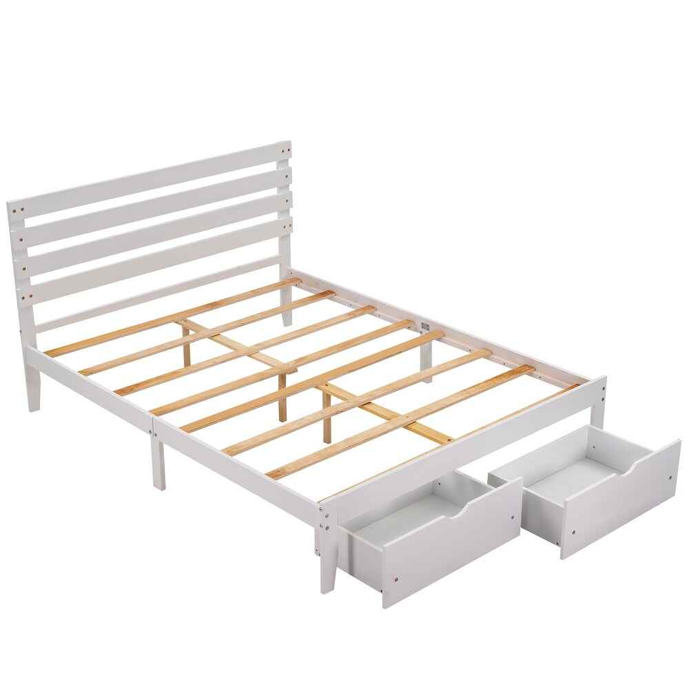 Solid Pine Platform Bed Frame with 2 Storage Drawers   Headboard