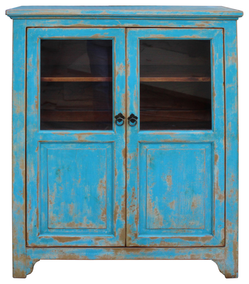 Distressed Bright Blue Glass Display Bookcase Curio Cabinet Hcs5382   Farmhouse   Bookcases   by Golden Lotus Antiques  Houzz