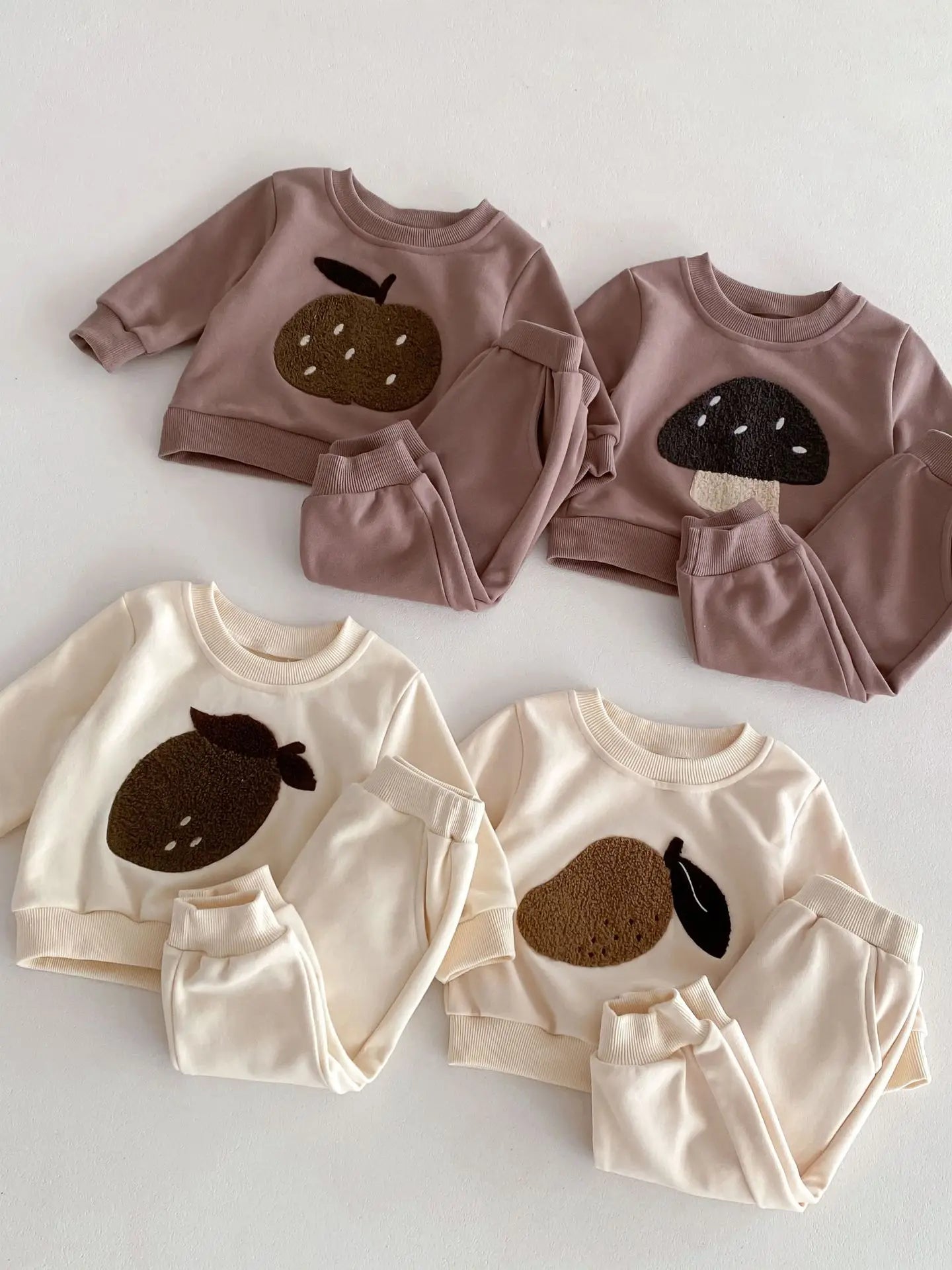 Korean Style Casual Spring Suit: Fruit Print Sweatshirt Set for Boys Girls, O-Neck Sweatshirt Pants 2PCS Set, Trendy Fashionable