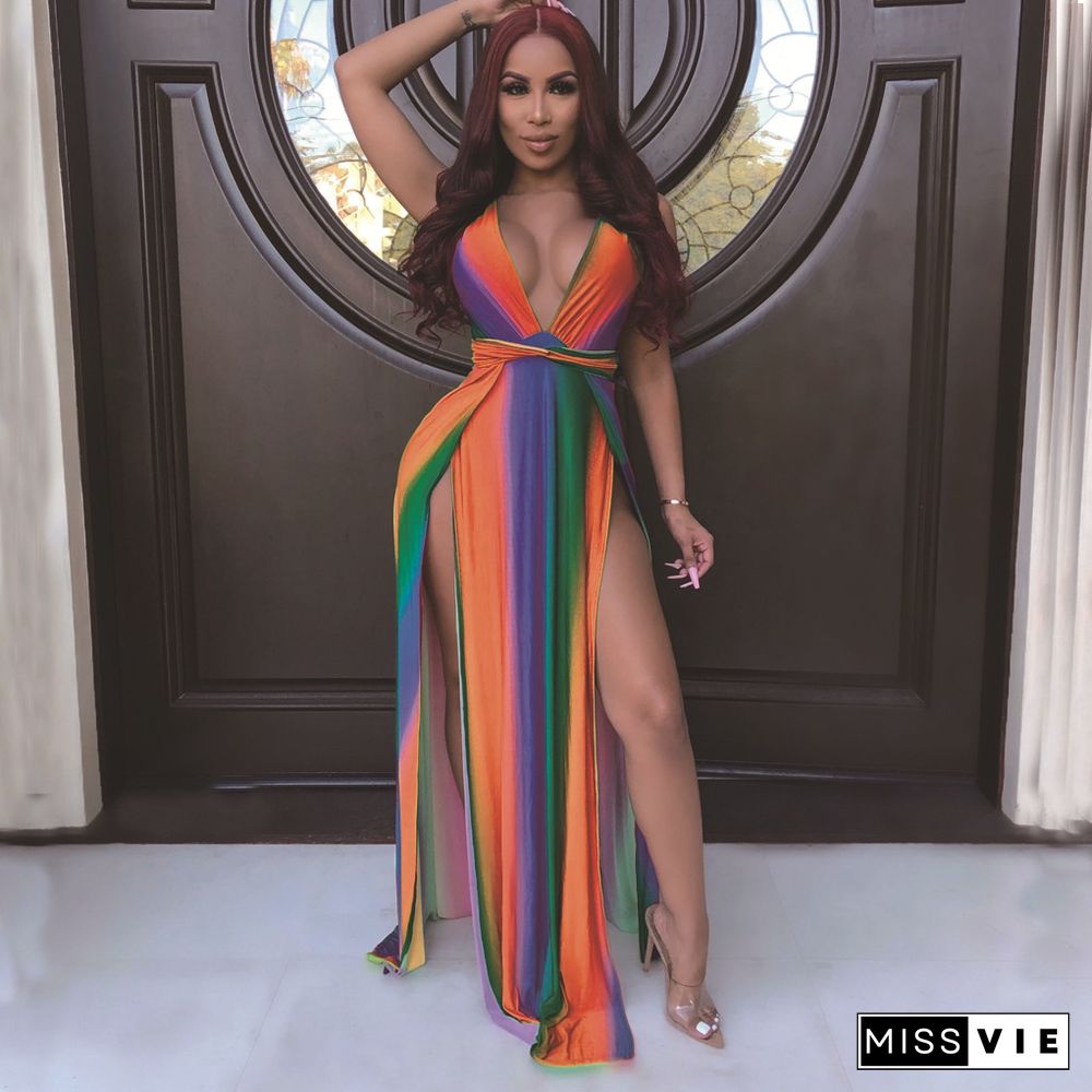 Sexy Rainbow Striped Print Deep V Neck High Slit Maxi Dress