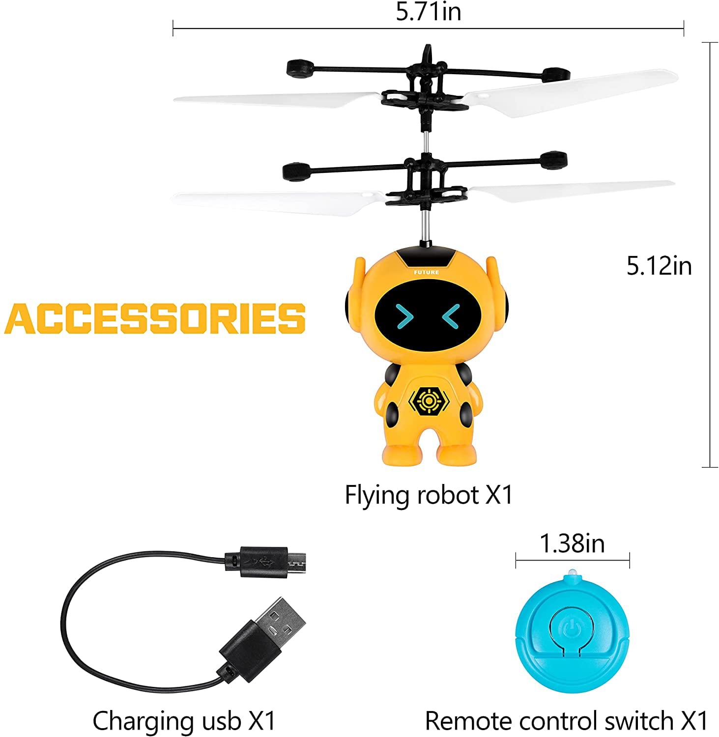 Flying Ball Toys Infrared Induction Colorful Built-in LED RC Robot Drone Toy Indoor Outdoor Games Toys for Kids Boys Girls 6 7 8 9 10 Year Old Birthday Xmas Gifts (Yellow)