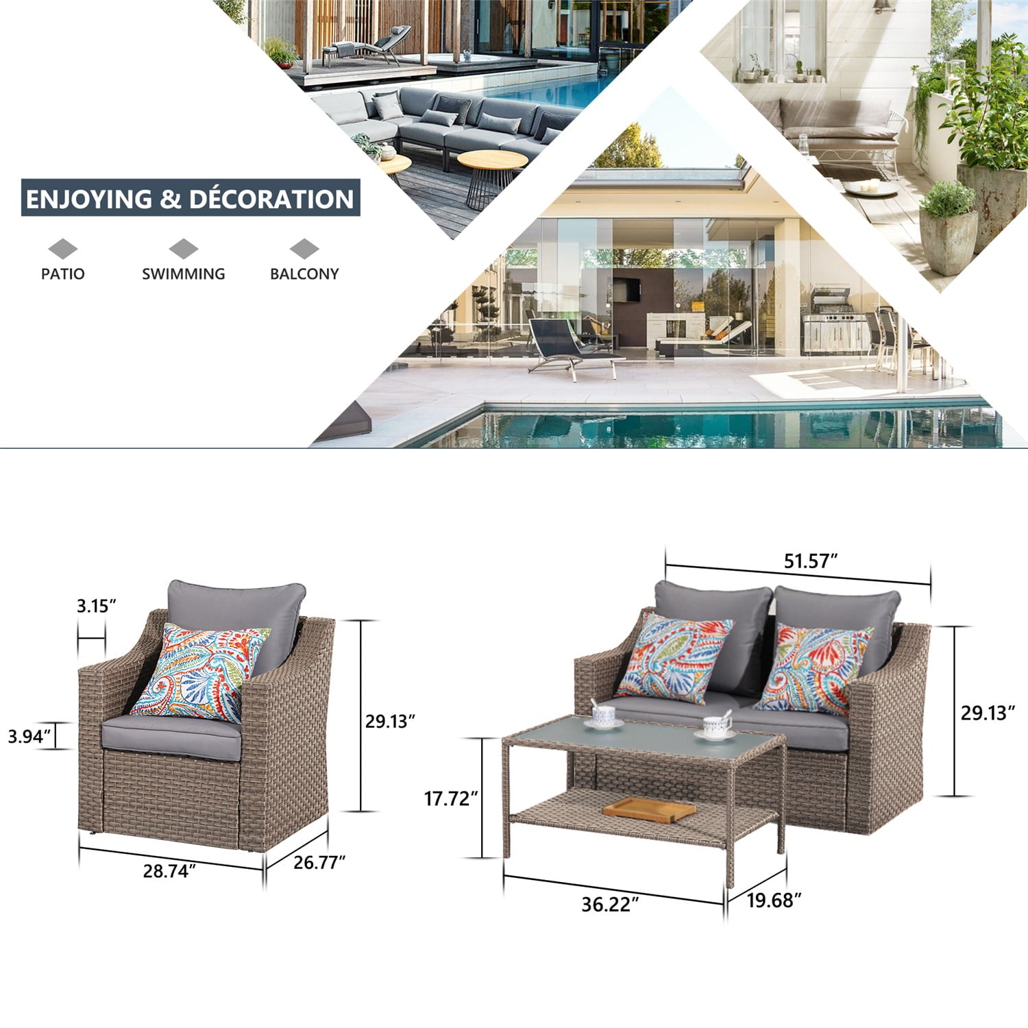 Superjoe 5 Piece Patio Furniture Set, Outdoor Wicker Conversation Sets Rattan Sofa with Glass Table for Garden Deck Porch, Grey Cushions