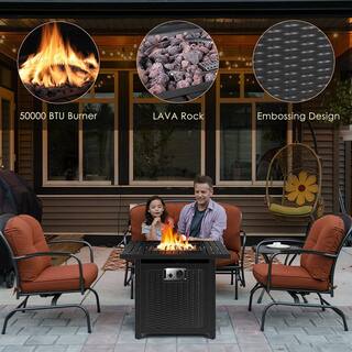 Oakville Furniture 28 in. Outdoor Square Black Rattan Style Powder Coated Steel Gas Propane Fire Pit Table WLava Rock OVF-SLFPT28