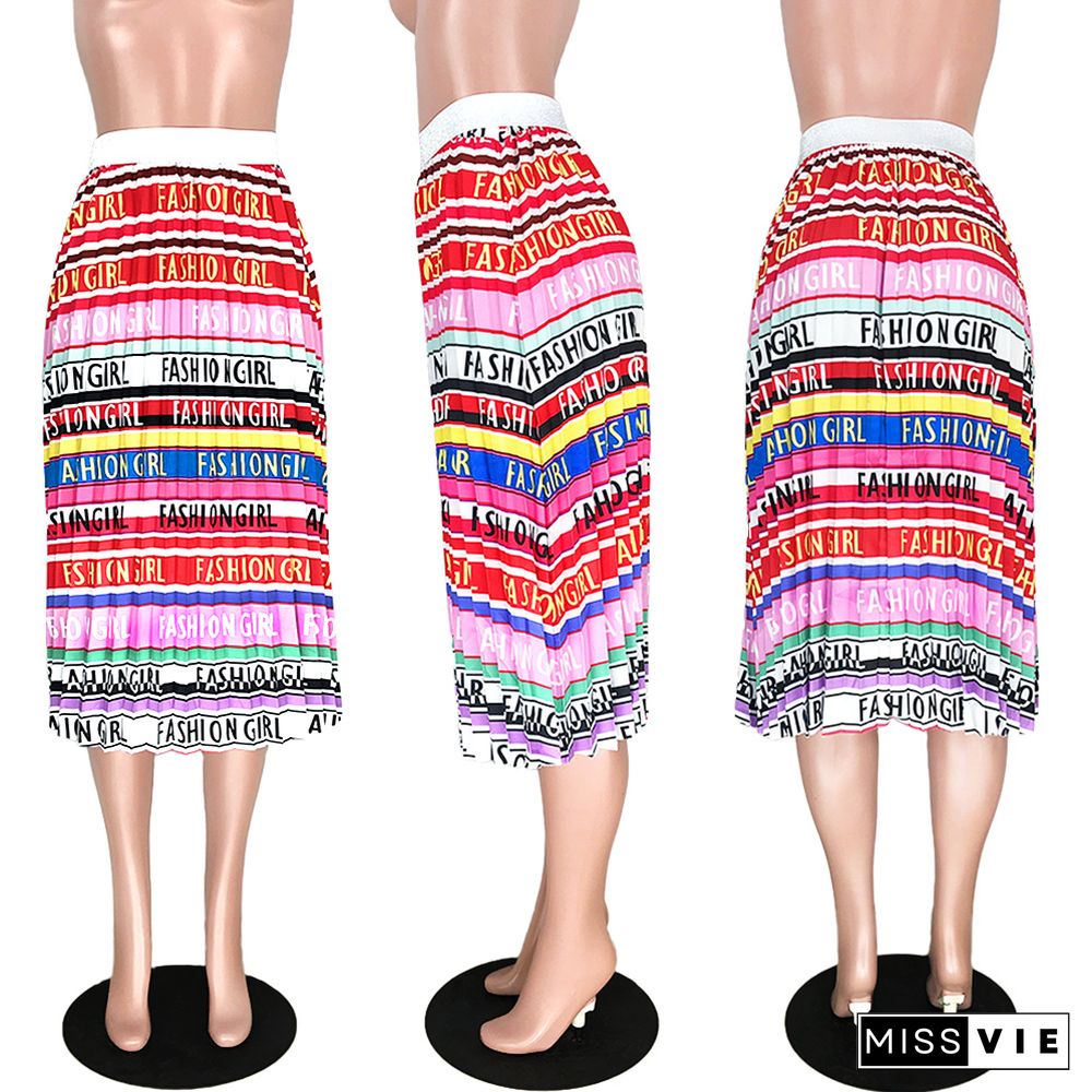 Nightclub Lip Letter Stripe Printed Pleated Skirt