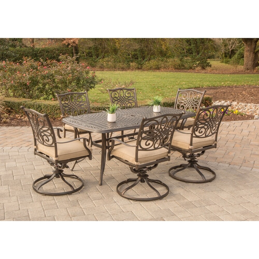 Hanover Outdoor Traditions 7 Piece Dining Set with Six Swivel Dining Chairs and a Large 72 x 38 in. Dining Table