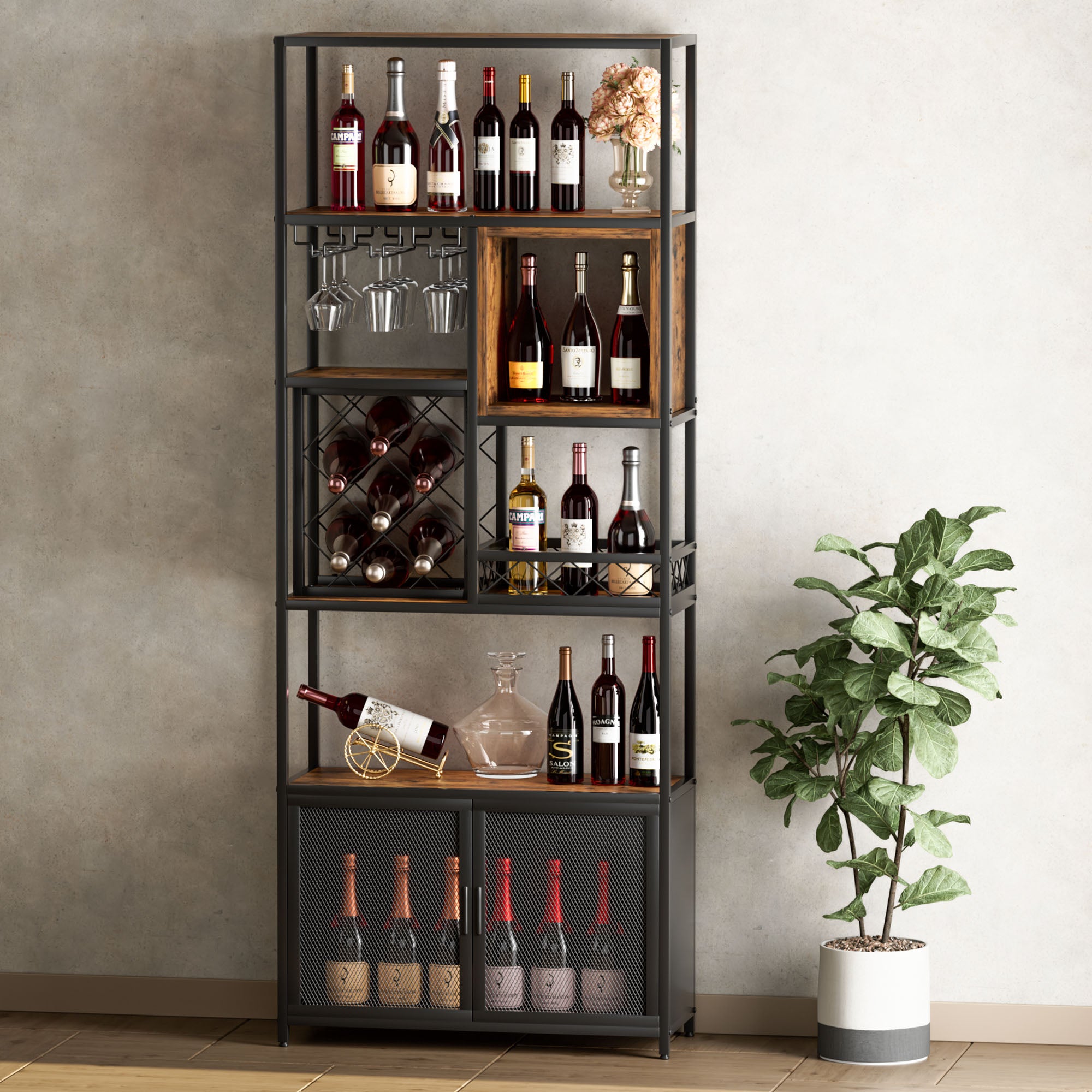 Industrial Tall Black Bar Wine Rack, 82.7 inch Wooden Home Bar Cabinet