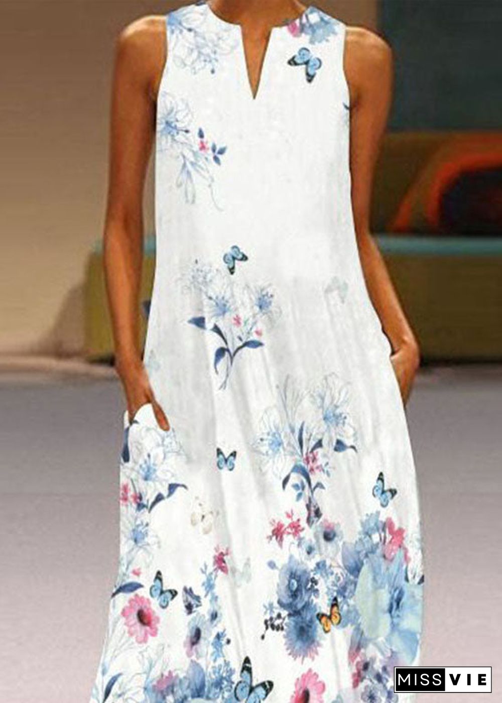 European And American Style Blue Print Chiffon Long Dress Summer