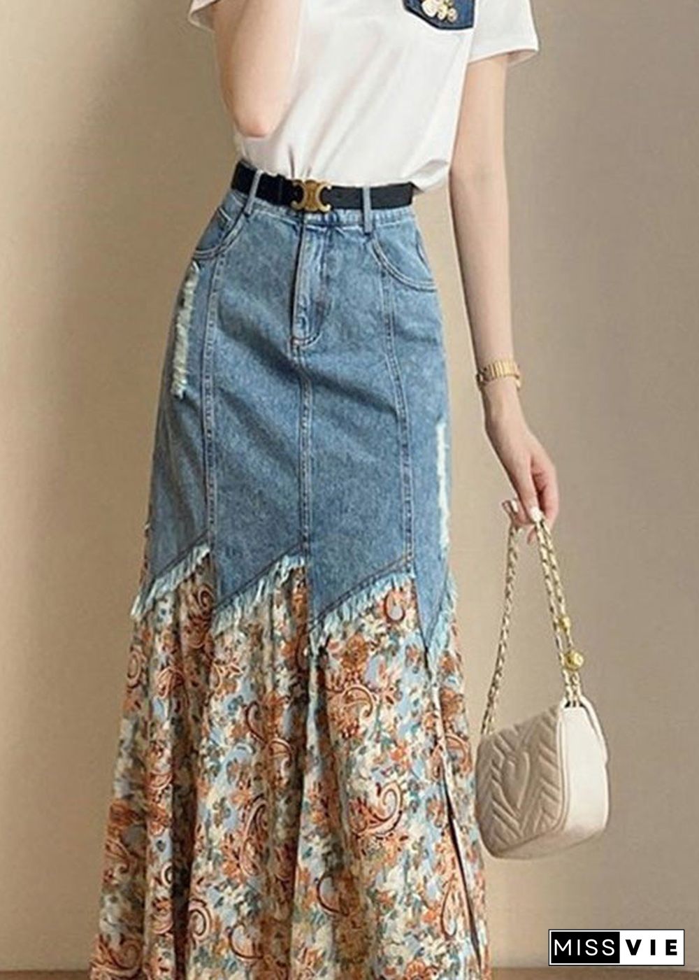 French Print Patchwork Button Denim Maxi Skirts Summer