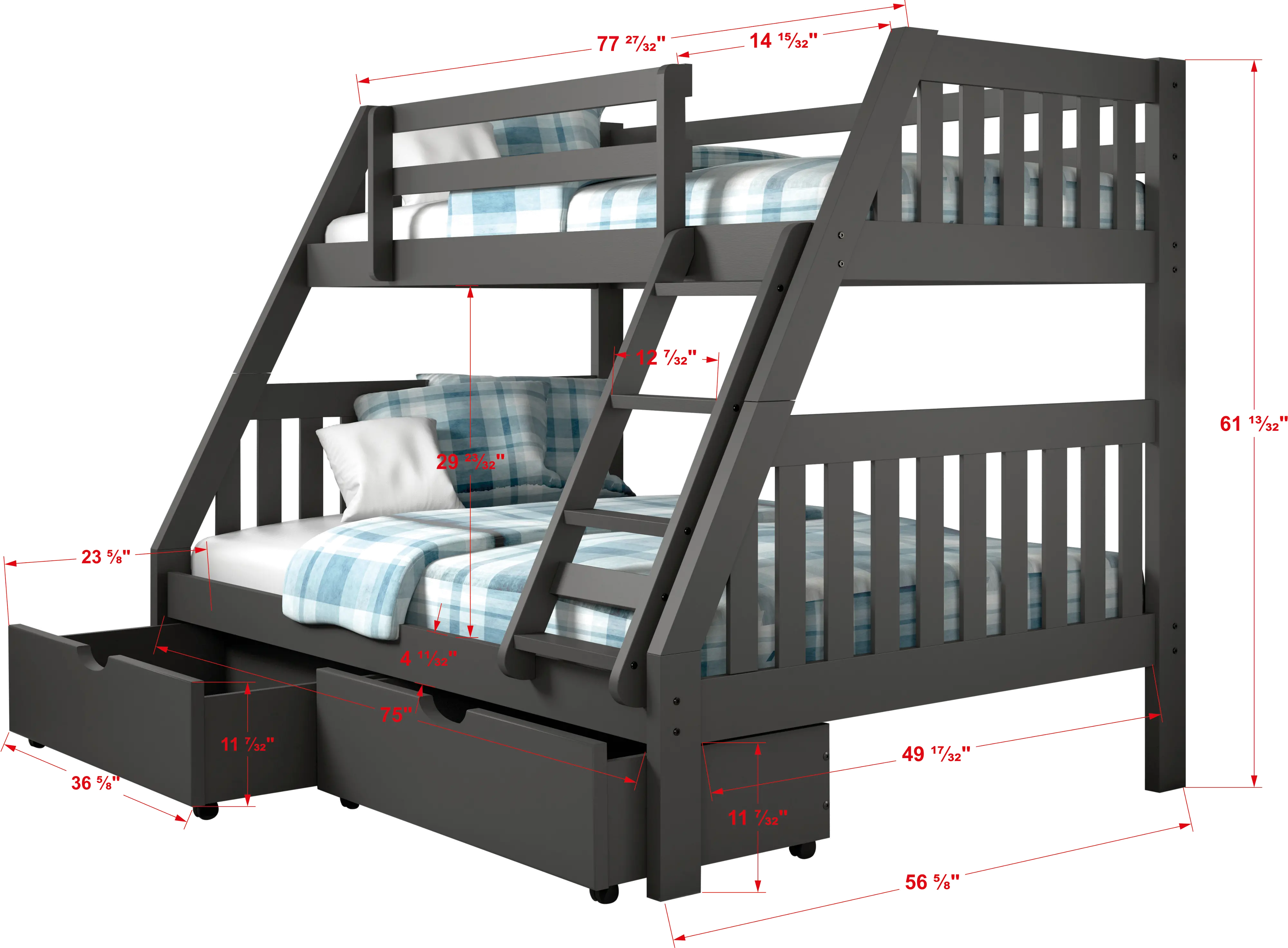 Gray Twin over Full Bunk Bed with Storage Drawers